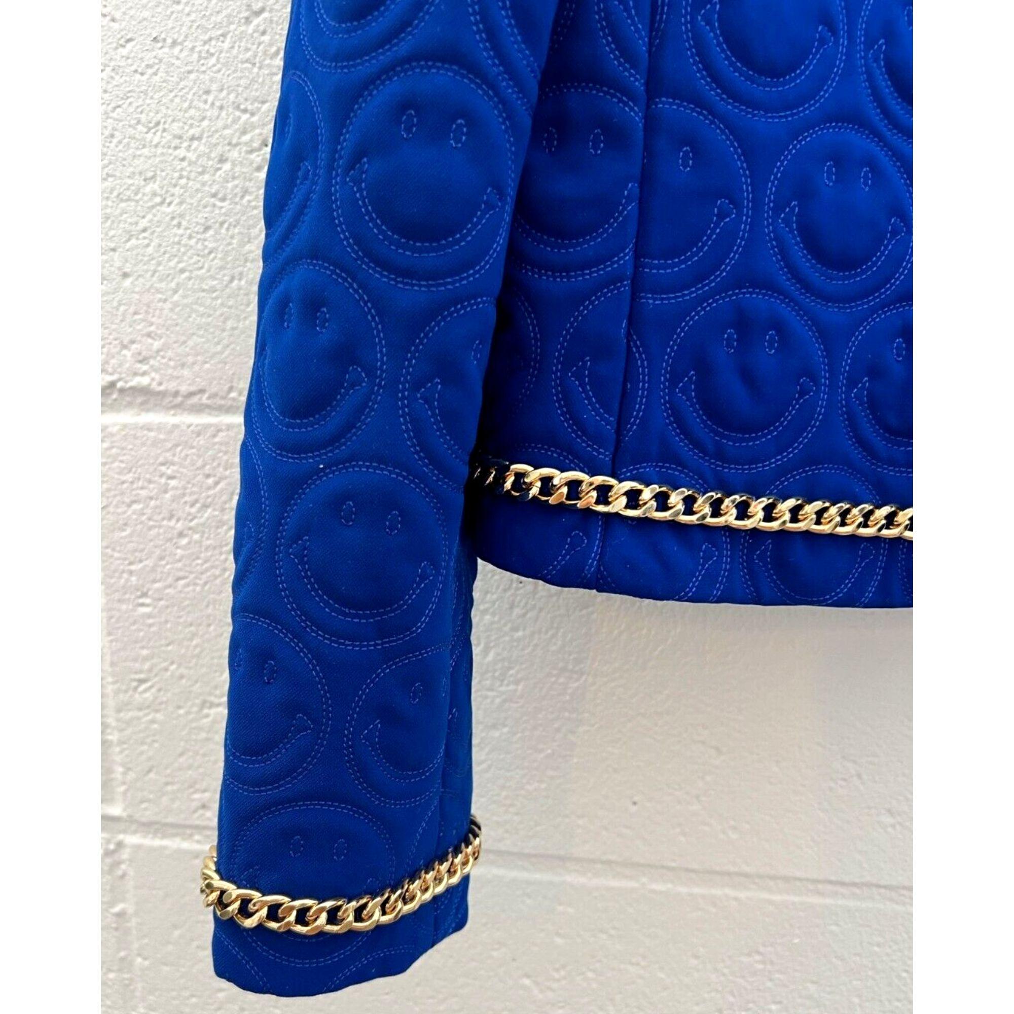 SS21 Moschino Couture Blauer Blazer mit smiley Face von Jeremy Scott, Größe US 10 Damen im Angebot