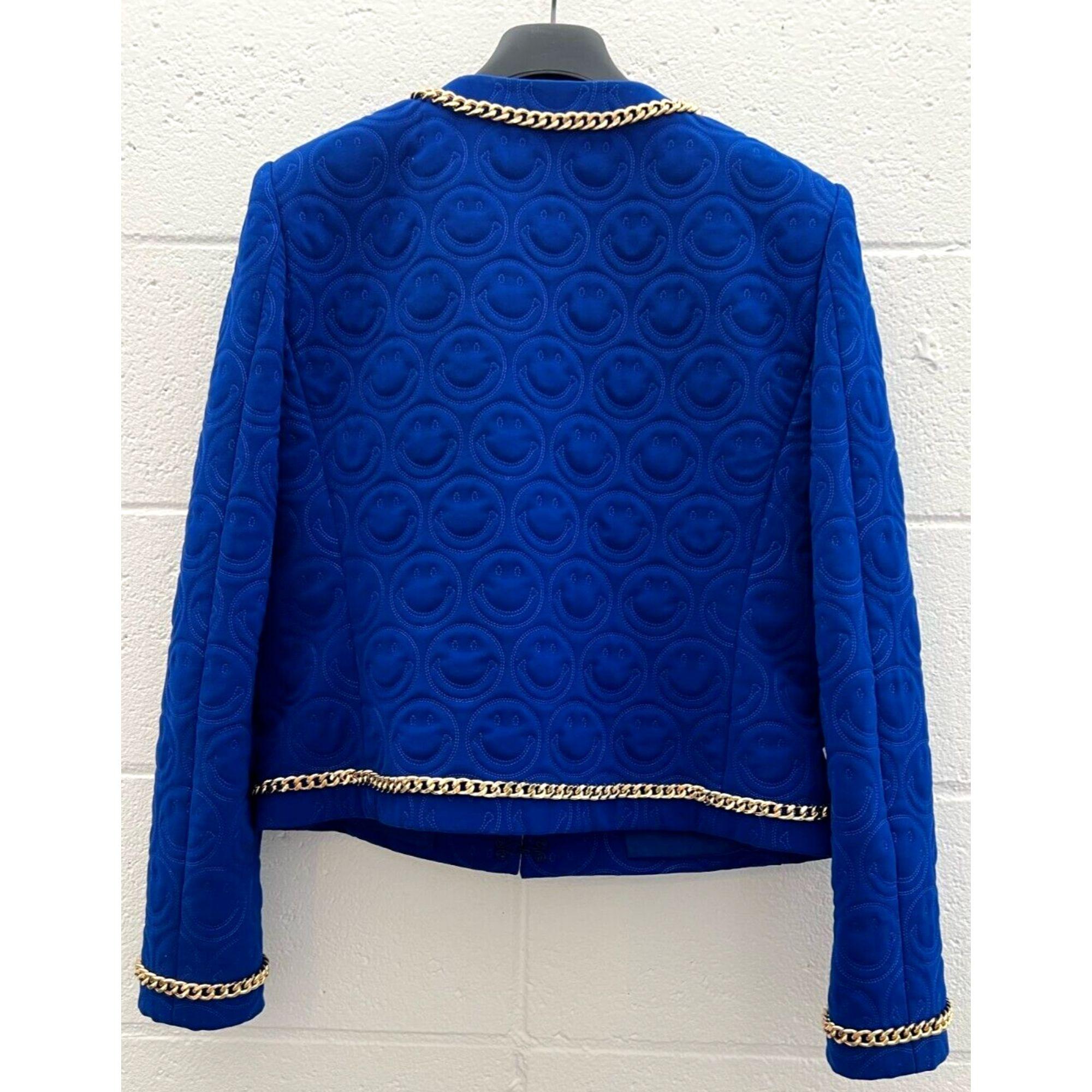 SS21 Moschino Couture Blauer Blazer mit smiley Face von Jeremy Scott, Größe US 10 im Angebot 1