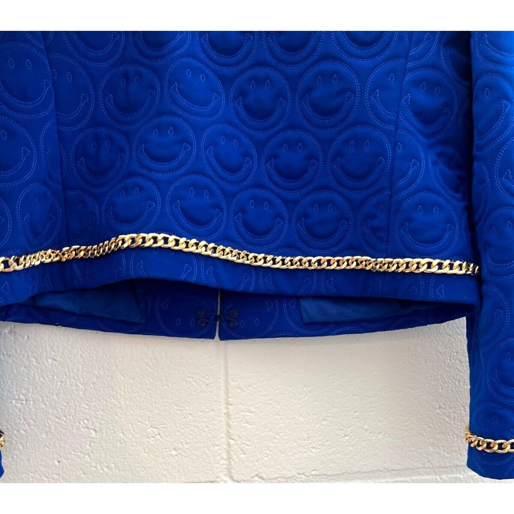 SS21 Moschino Couture Blauer Blazer mit smiley Face von Jeremy Scott, Größe US 10 im Angebot 2