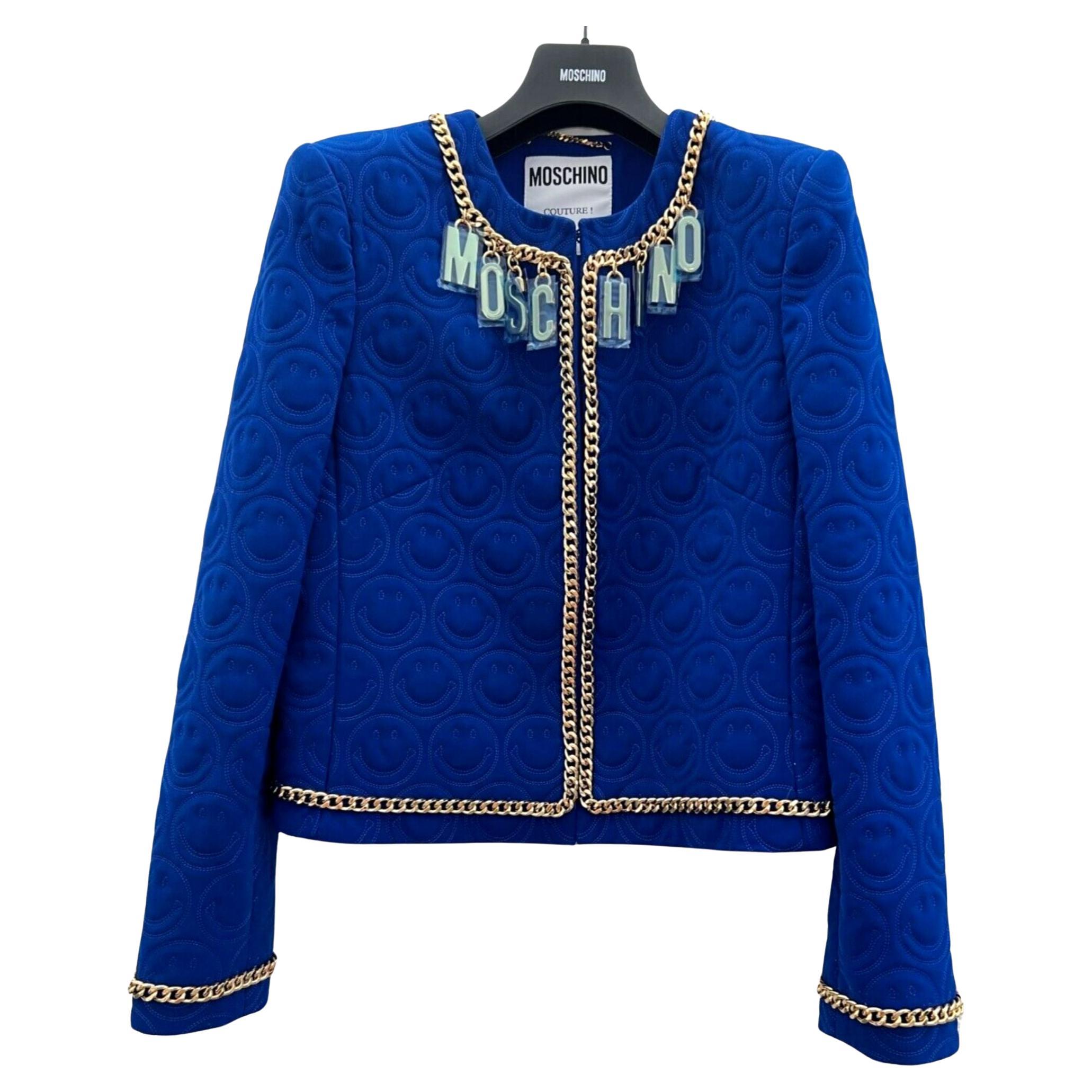 SS21 Moschino Couture Blauer Blazer mit smiley Face von Jeremy Scott, Größe US 10 im Angebot