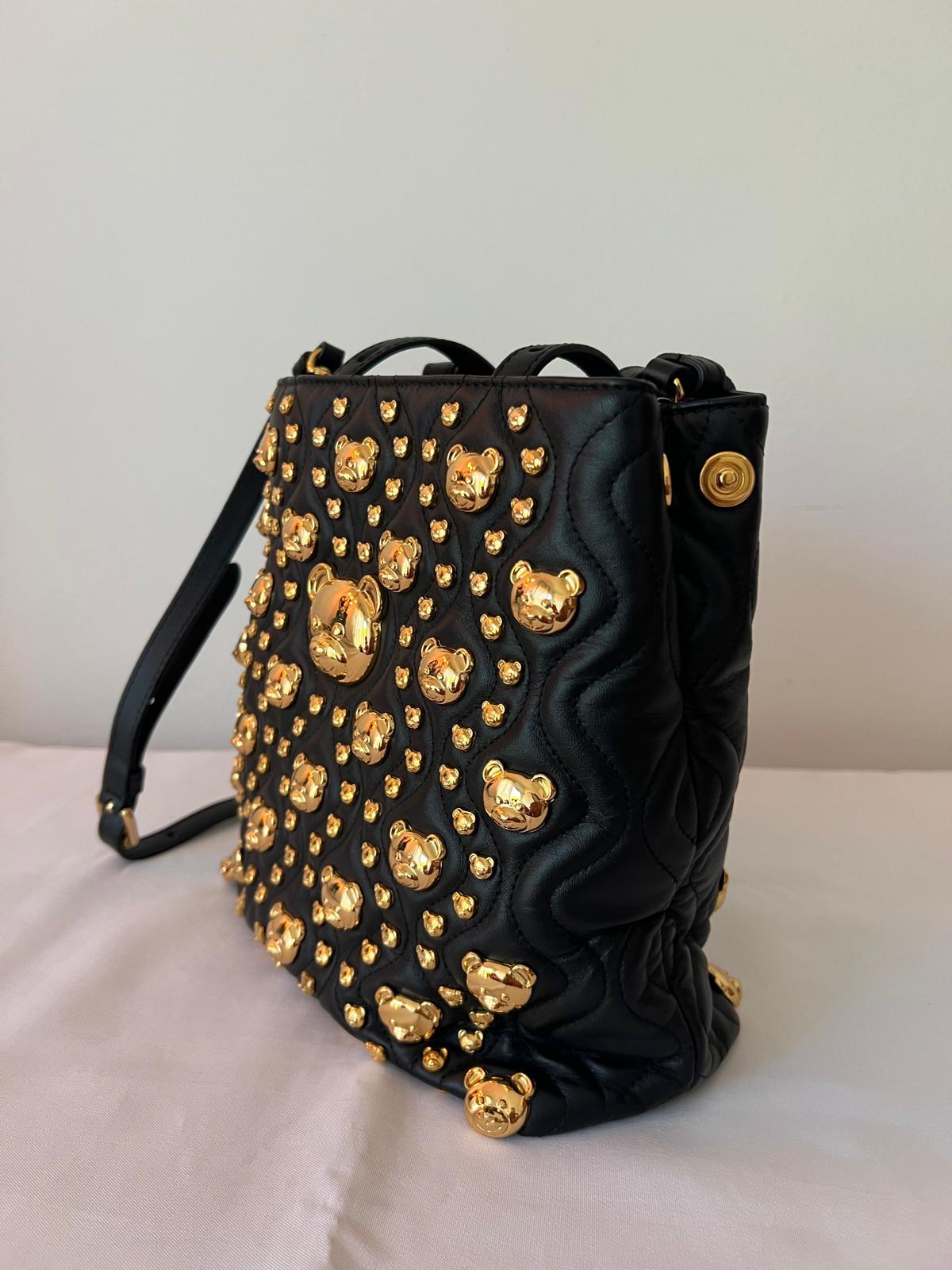 Women's SS21 MOSCHINO Couture Jerem Black Leather Shopper With All Over Gold Teddy Bears