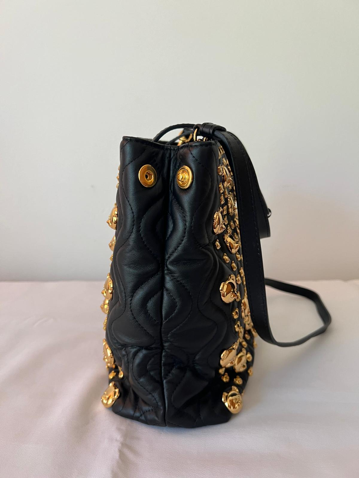 SS21 MOSCHINO Couture Jerem Black Leather Shopper With All Over Gold Teddy Bears 1
