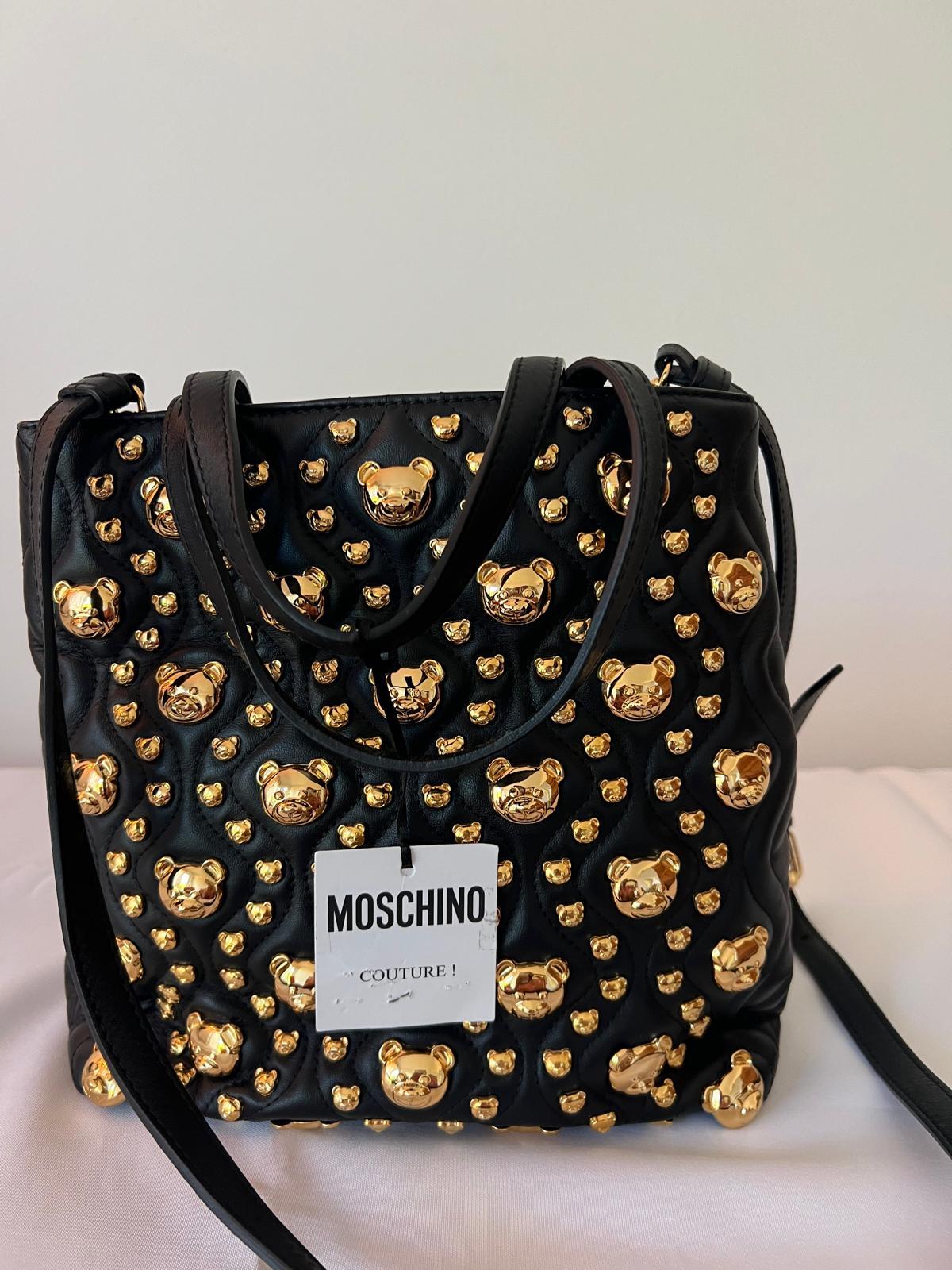 SS21 MOSCHINO Couture Jerem Black Leather Shopper With All Over Gold Teddy Bears 2