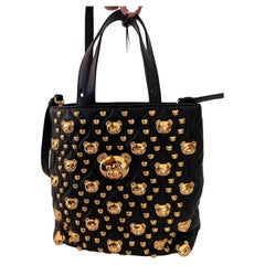 SS21 MOSCHINO Couture Jerem Black Leather Shopper With All Over Gold Teddy Bears