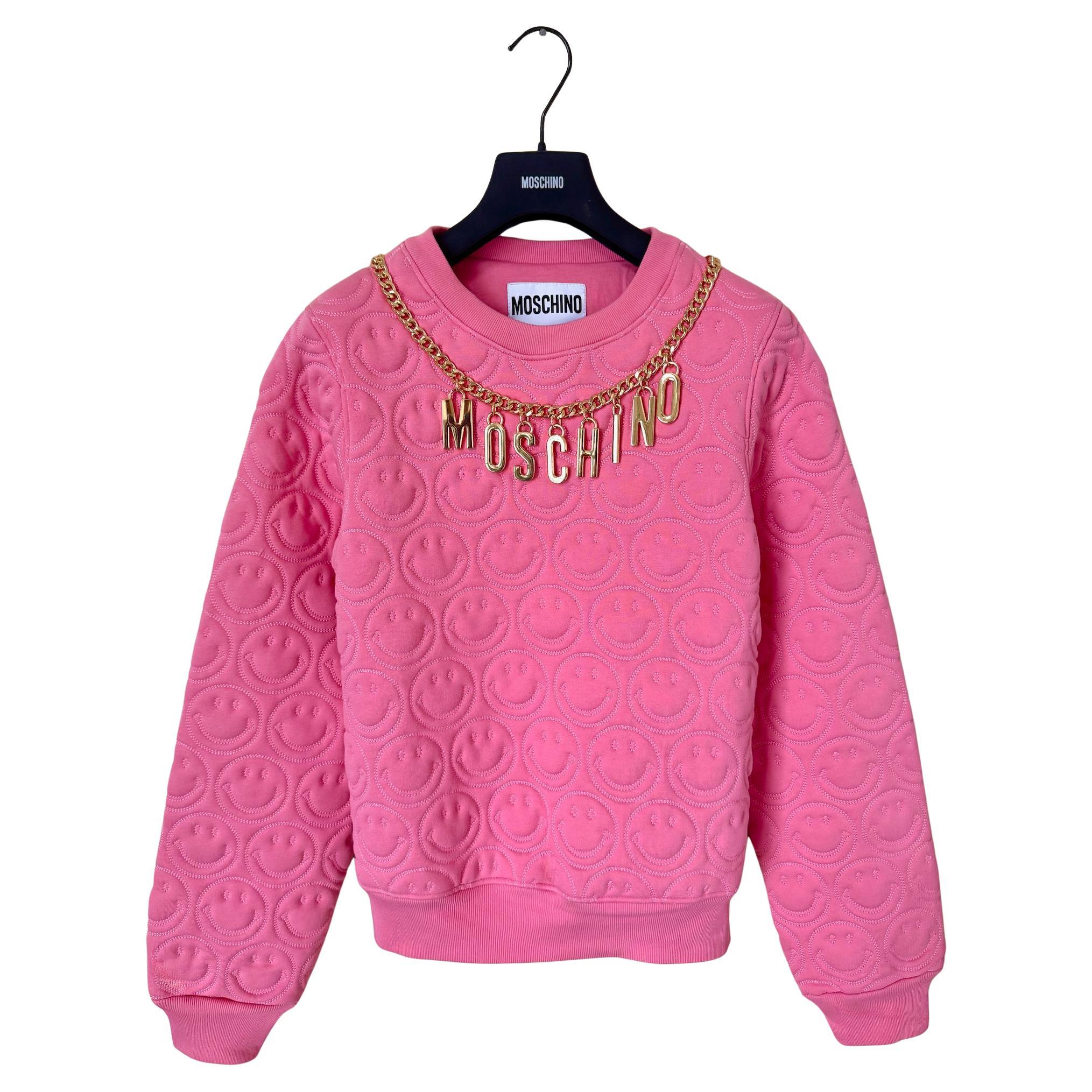 SS21 MOSCHINO Couture Jeremy Scott Pink Smiley Gold Logo Charms Pullover Sweater