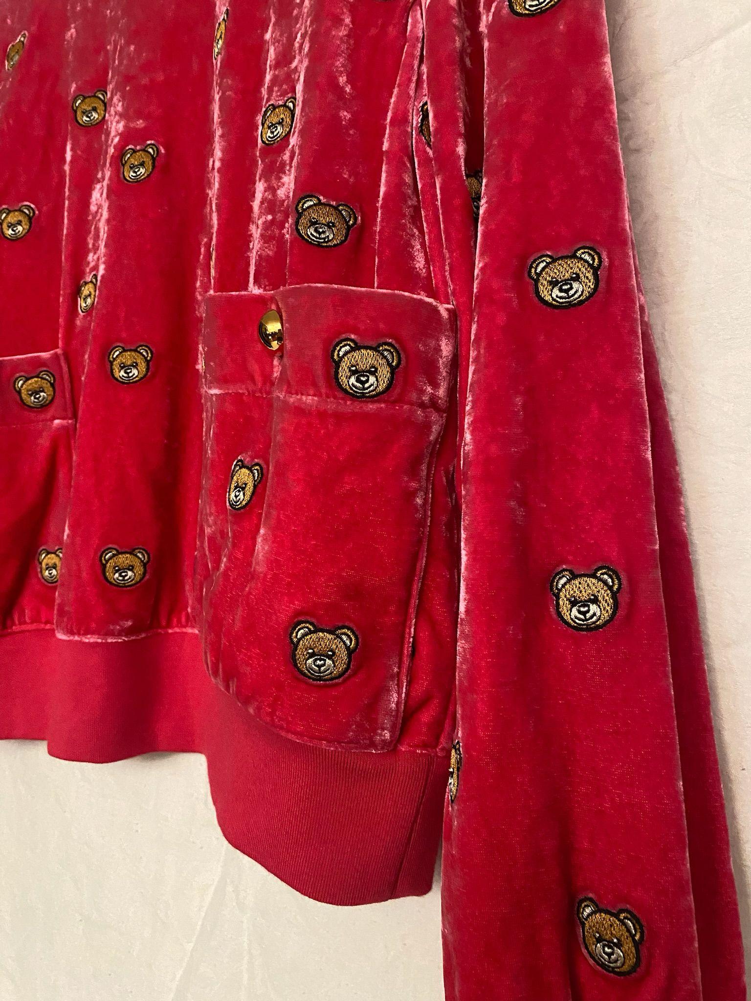 SS21 MOSCHINO Couture Jeremy Scott Velvet All Over Teddy Bears Pink Sweater Rare For Sale 6