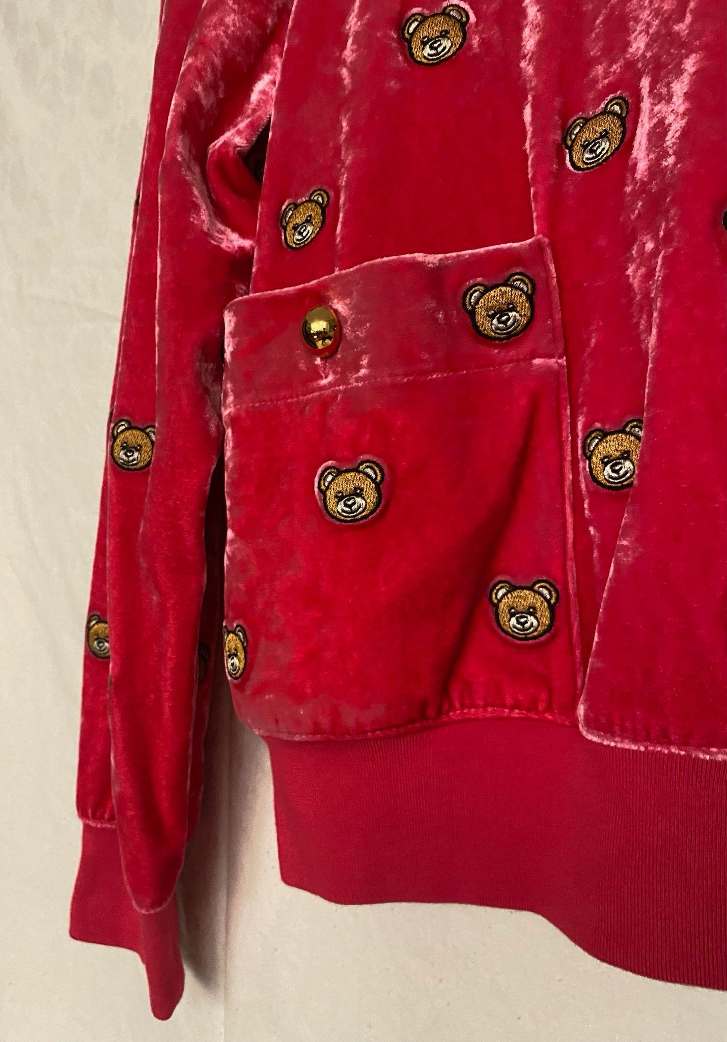 SS21 MOSCHINO Couture Jeremy Scott Velvet All Over Teddy Bears Pink Sweater Rare For Sale 7