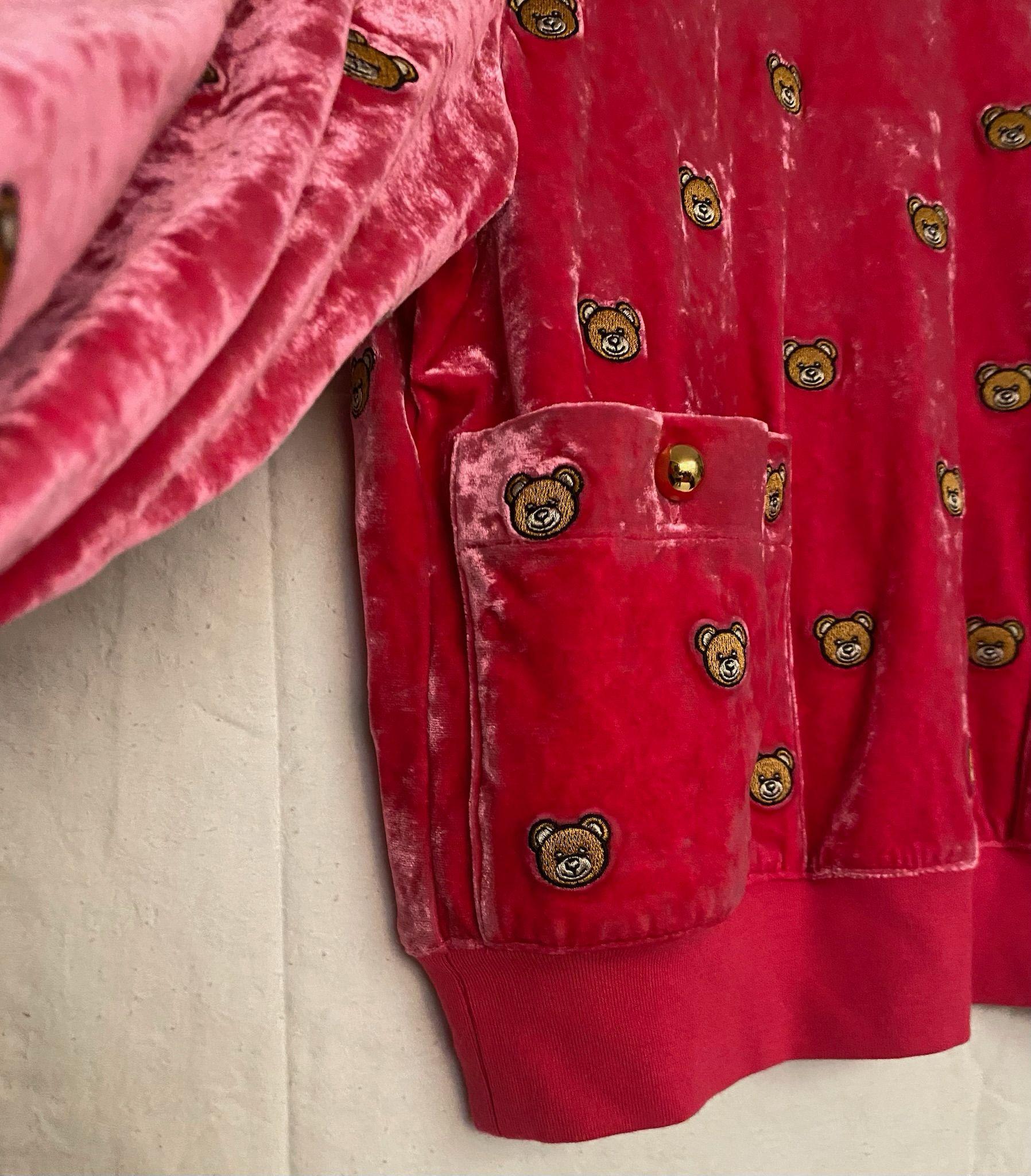 SS21 MOSCHINO Couture Jeremy Scott Velvet All Over Teddy Bears Pink Sweater Rare For Sale 8
