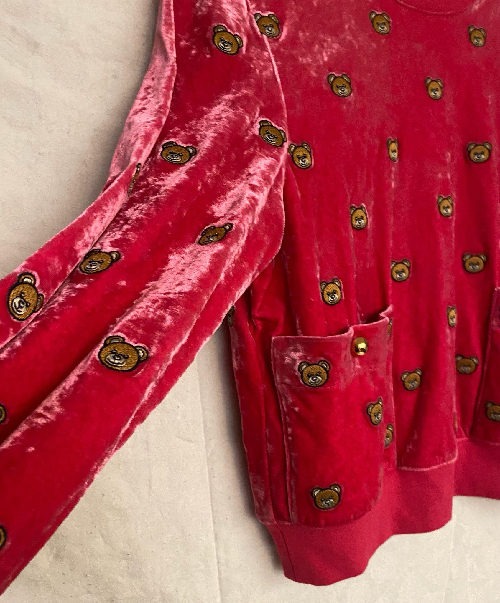 SS21 MOSCHINO Couture Jeremy Scott Velvet All Over Teddy Bears Pink Sweater Rare For Sale 9
