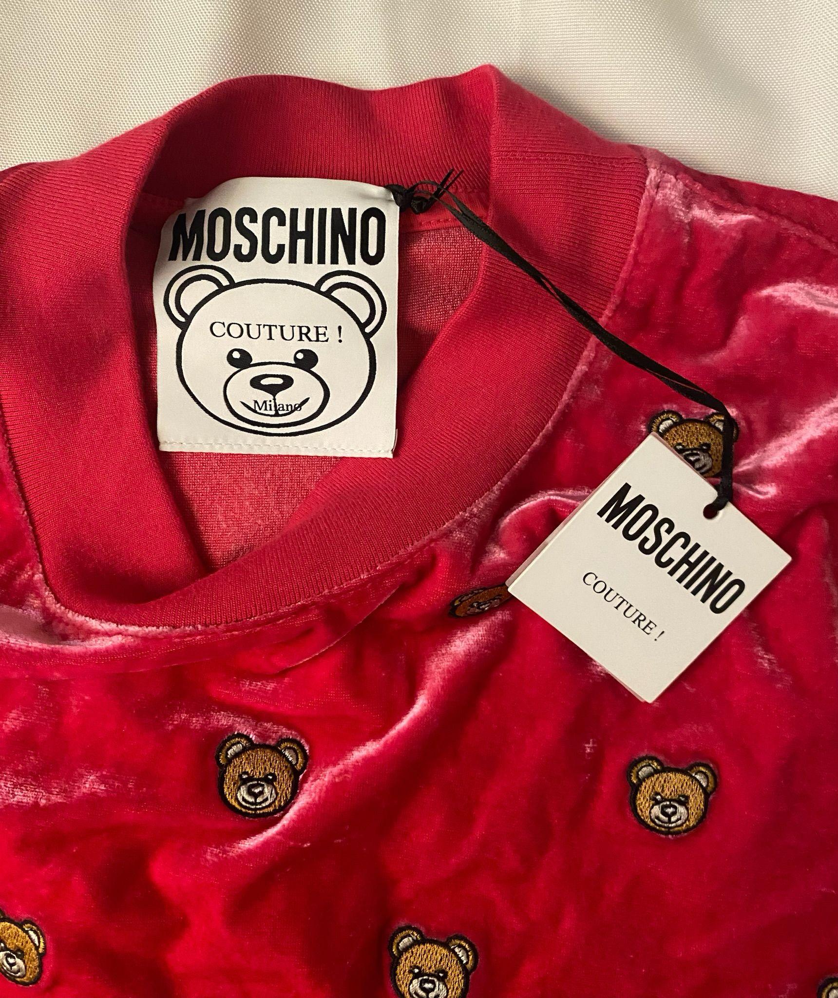 SS21 MOSCHINO Couture Jeremy Scott Velvet All Over Teddy Bears Pink Sweater Rare For Sale 10