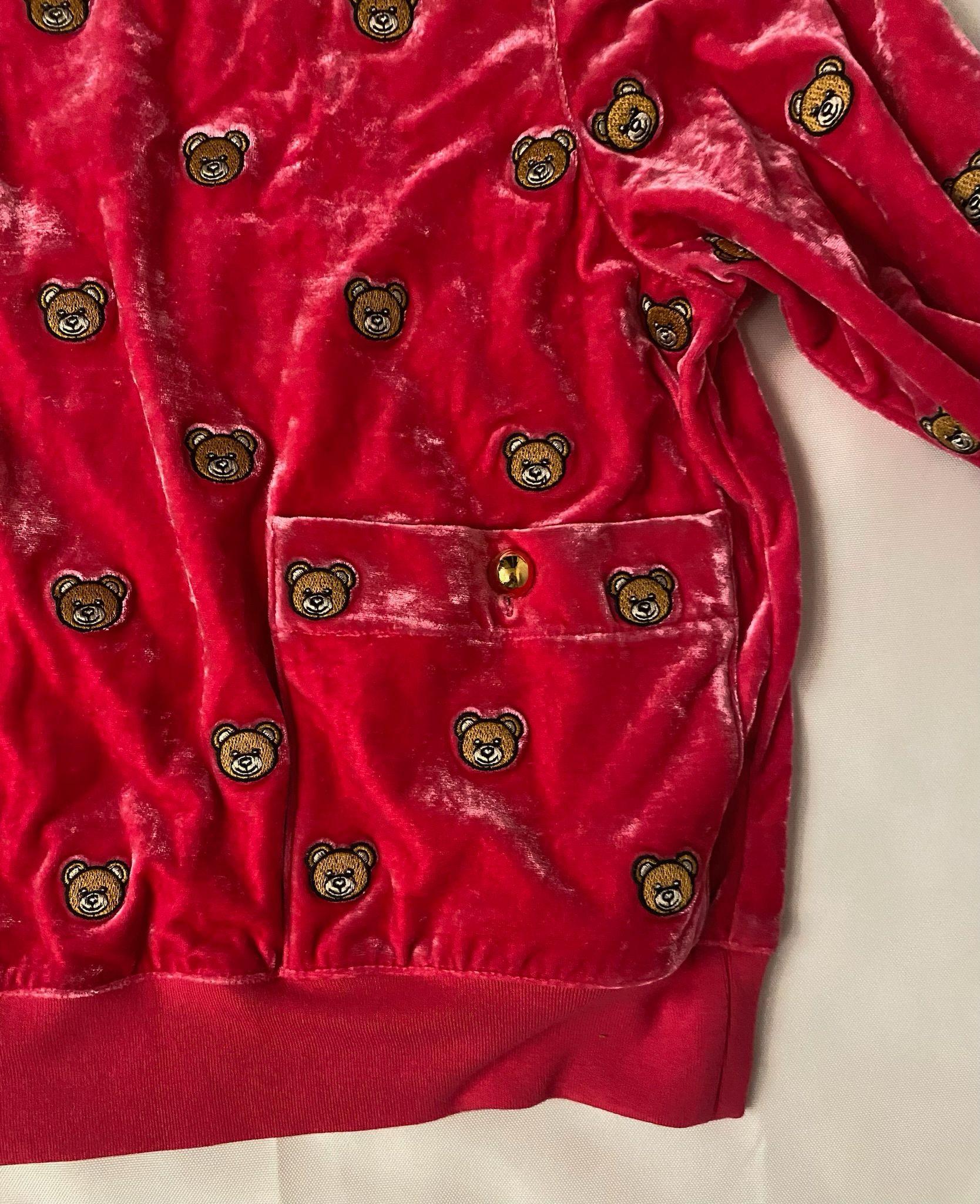 SS21 MOSCHINO Couture Jeremy Scott Velvet All Over Teddy Bears Pink Sweater Rare For Sale 2