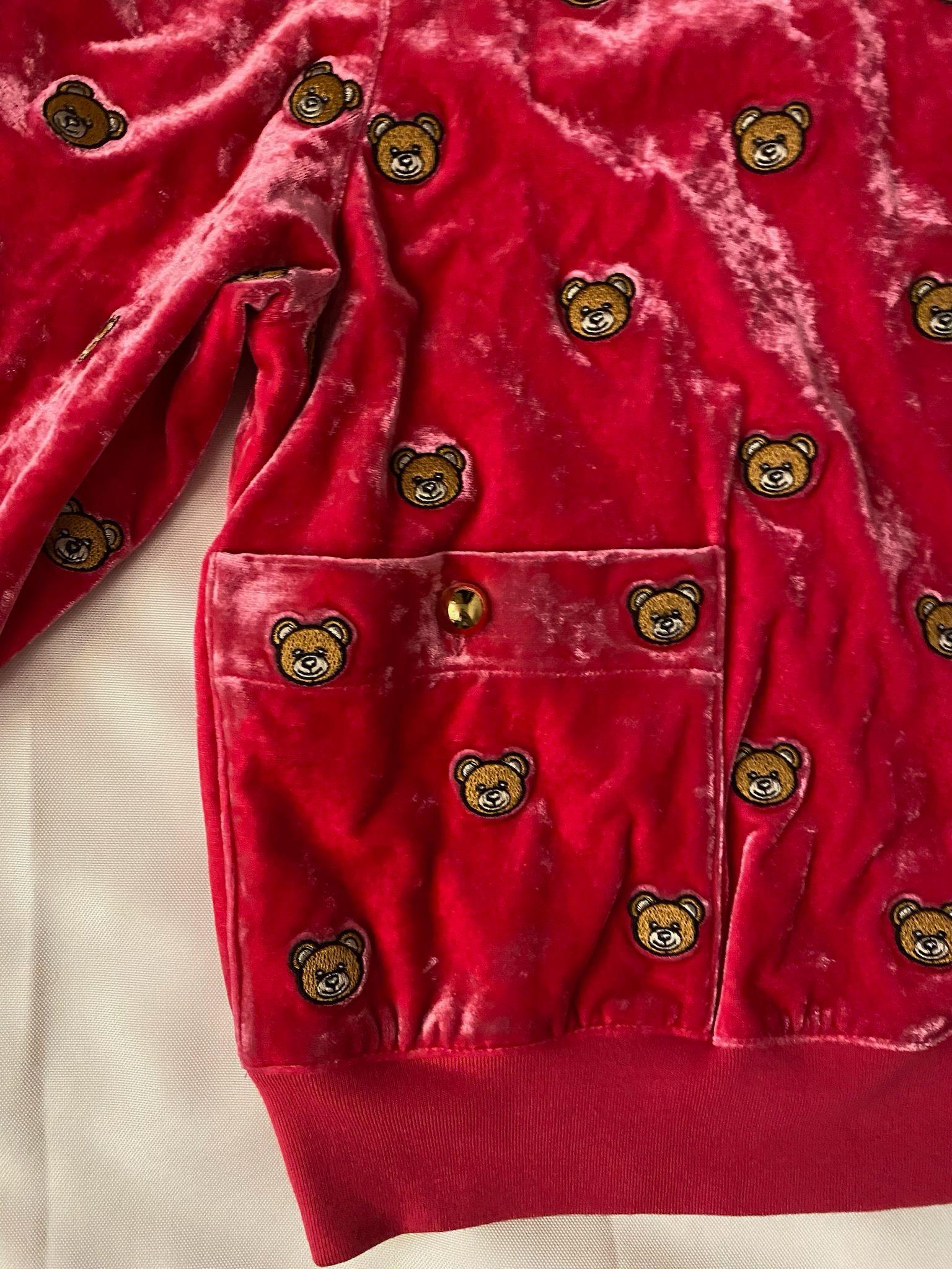 SS21 MOSCHINO Couture Jeremy Scott Velvet All Over Teddy Bears Pink Sweater Rare For Sale 3