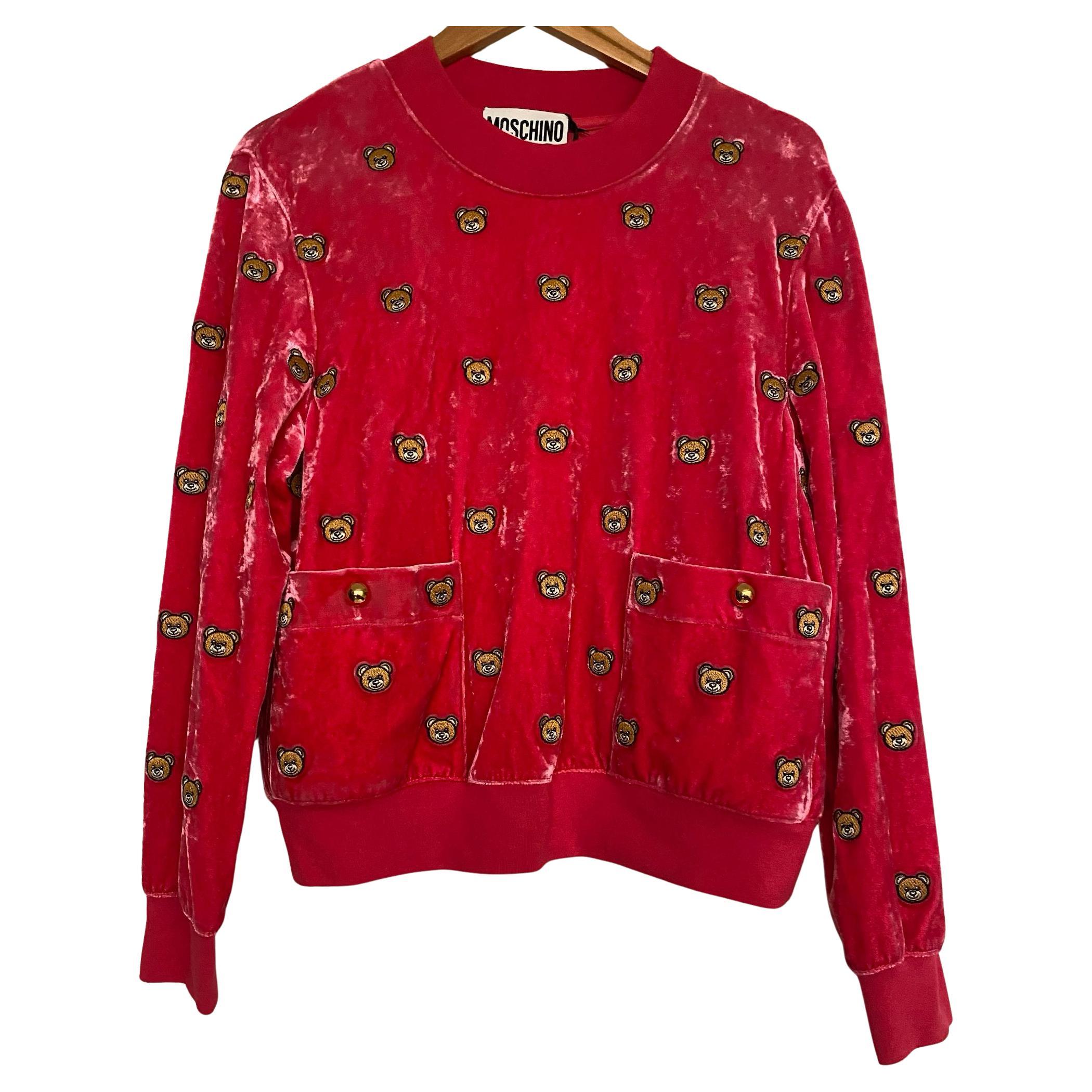 SS21 MOSCHINO Couture Jeremy Scott Velvet All Over Teddy Bears Pink Sweater Rare
