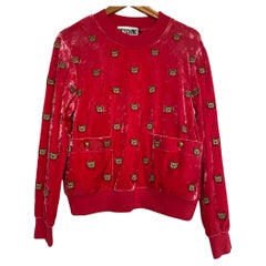 SS21 MOSCHINO Couture Jeremy Scott Samt All Over Teddybären Rosa Pullover Selten