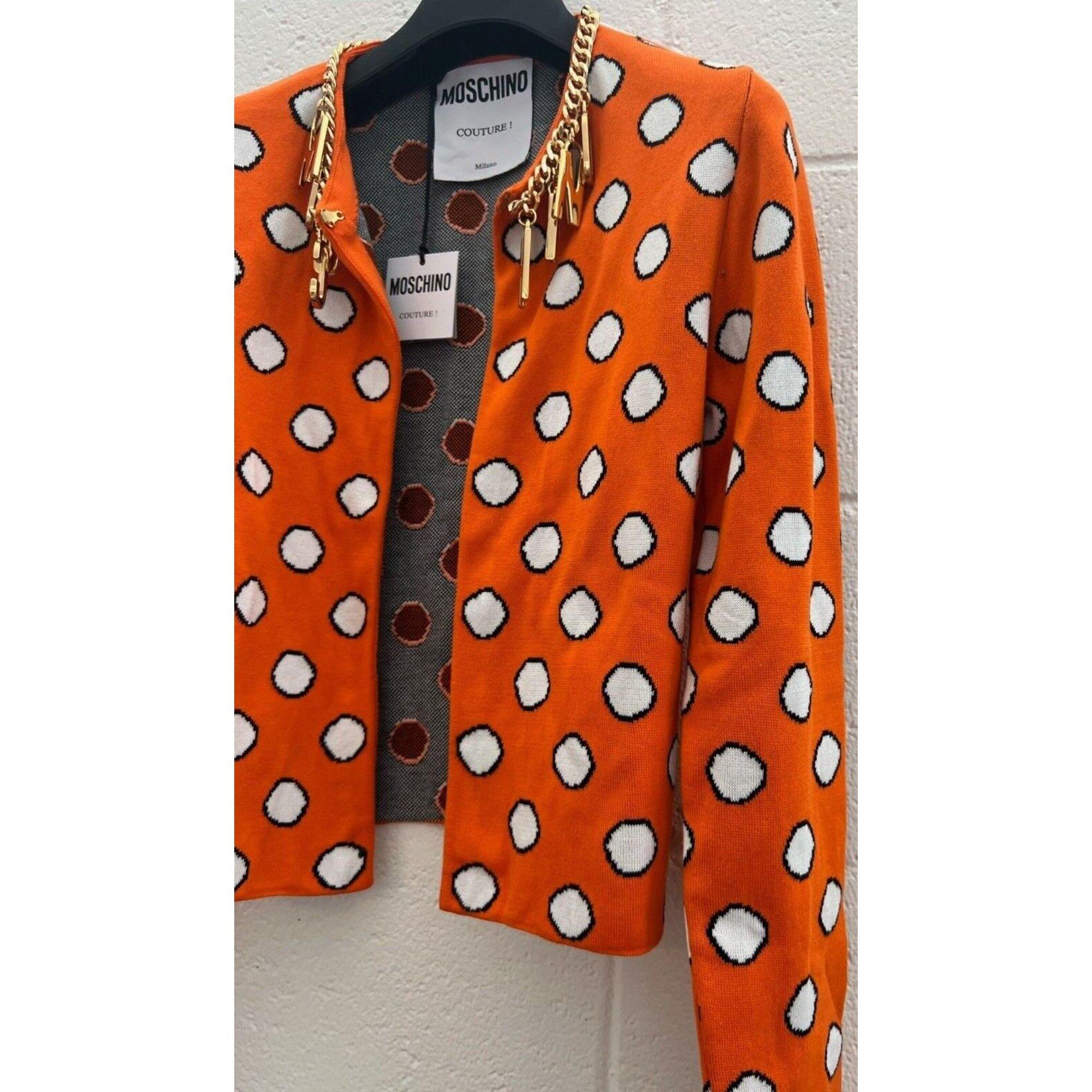 SS21 Moschino Couture Orange Cardigan White Circles & Logo Charm by Jeremy Scott In New Condition In Palm Springs, CA