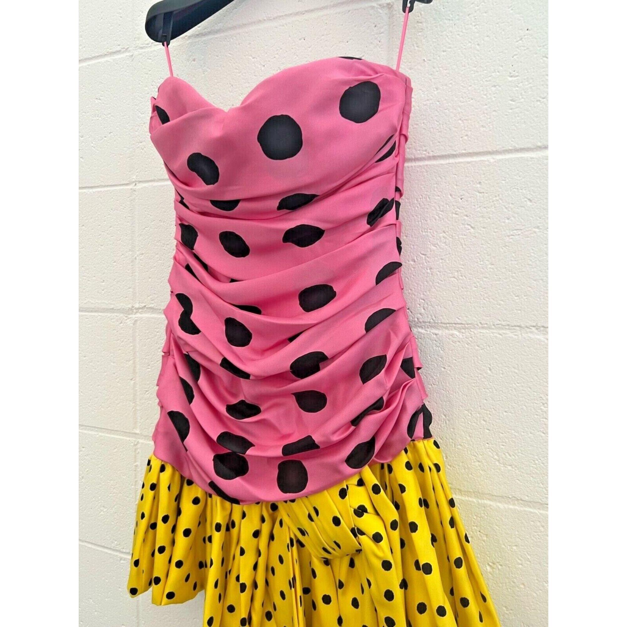 Women's SS21 Moschino Couture Pink Yellow Strapless Polka Dot Mini Dress by Jeremy Scott For Sale