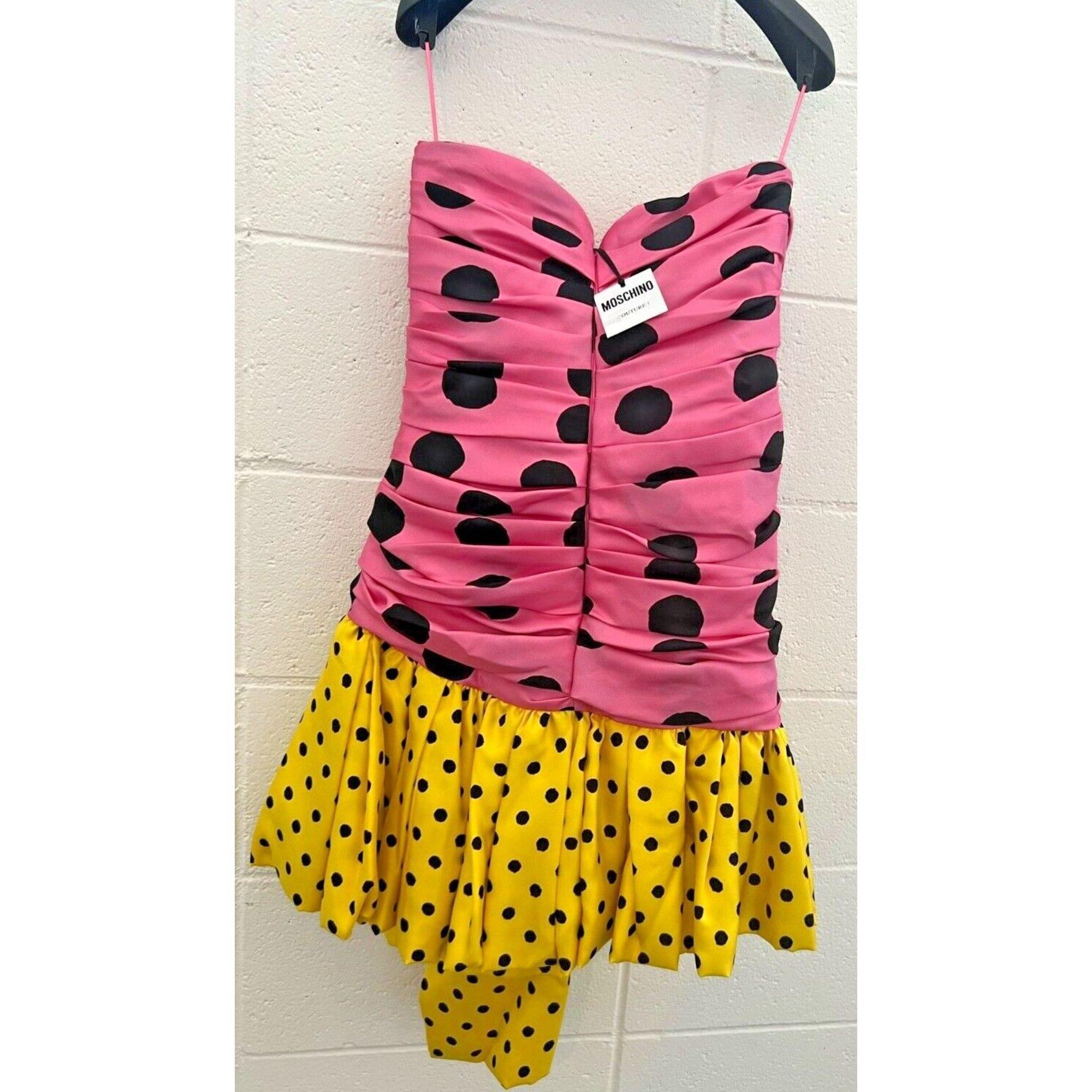 SS21 Moschino Couture Pink Yellow Strapless Polka Dot Mini Dress by Jeremy Scott For Sale 1