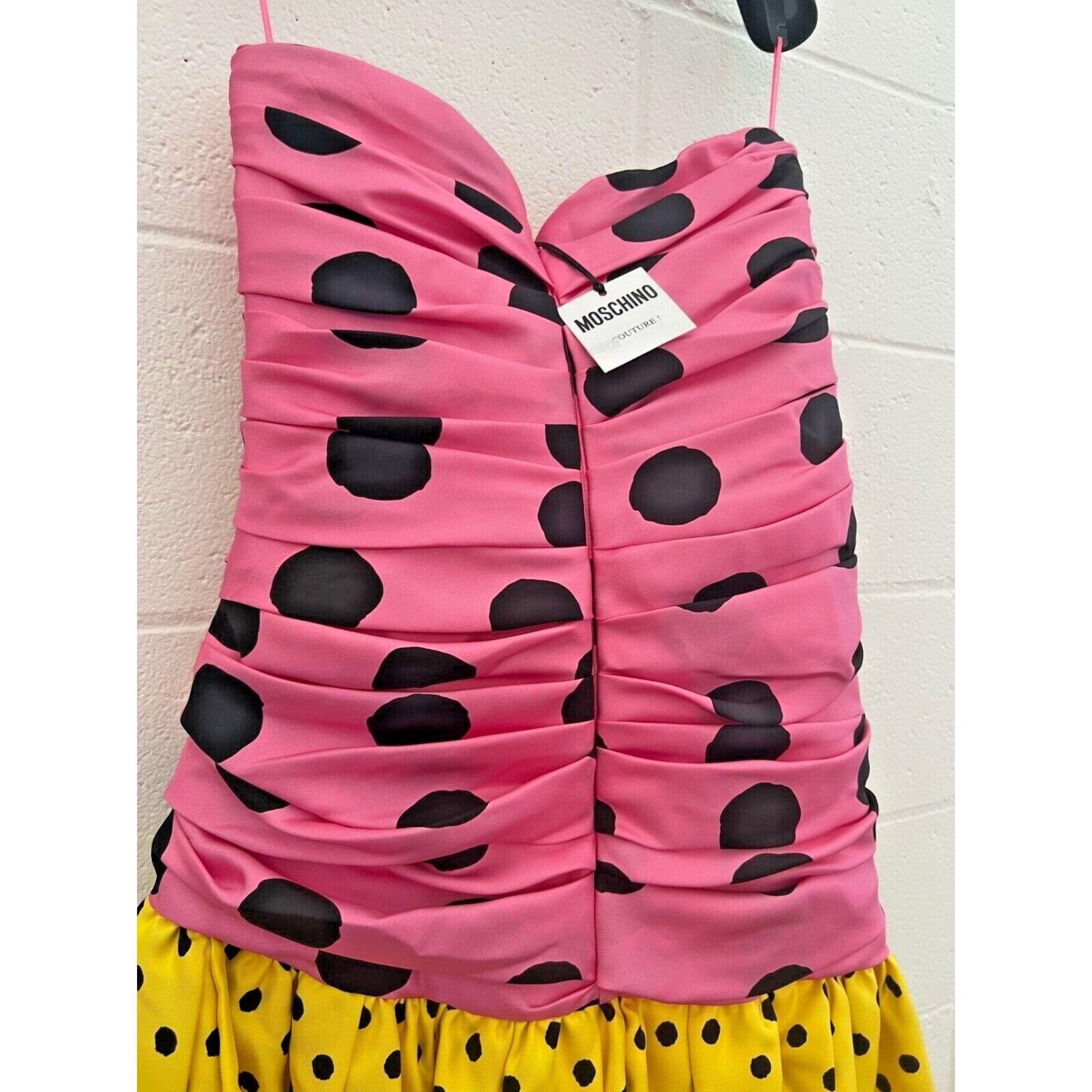 SS21 Moschino Couture Pink Yellow Strapless Polka Dot Mini Dress by Jeremy Scott For Sale 2