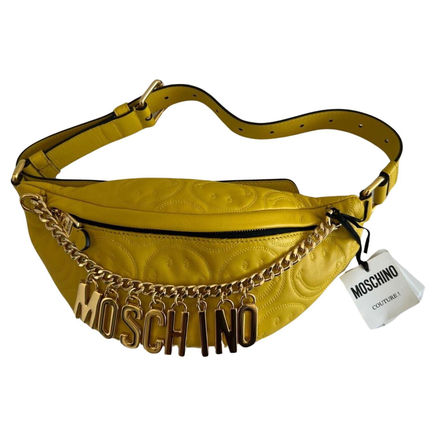 SS21 Moschino Couture Yellow Fanny Pack with Engraved Smiley by Jeremy Scott For Sale