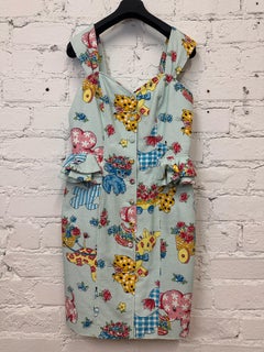 SS22 Moschino Couture, Child's Fantasy, Whimsical, Blue, Animals, Button Dress