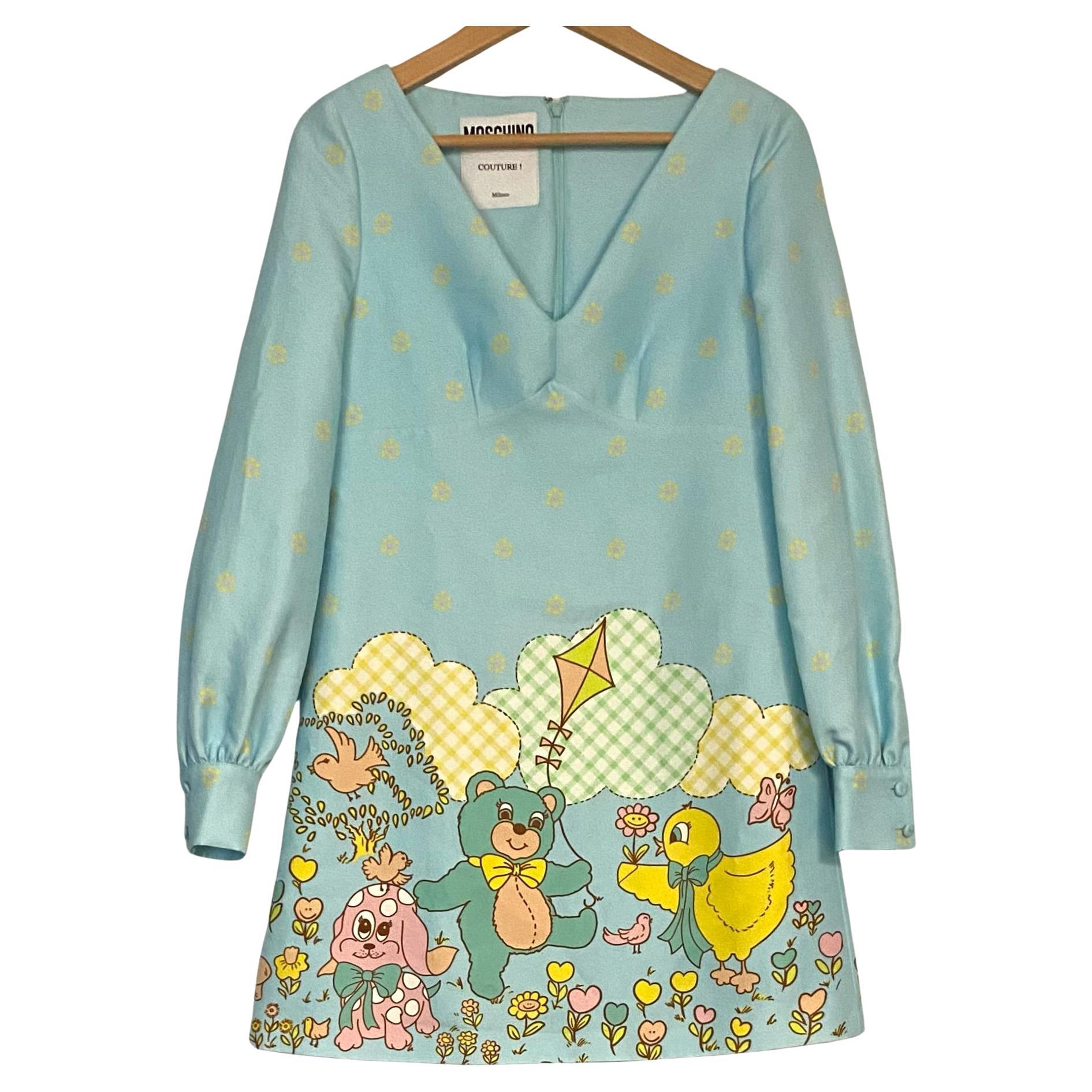 SS22 MOSCHINO Couture Jeremy Scott Child's Fantasy Blue Long Sleeve Bear Dress