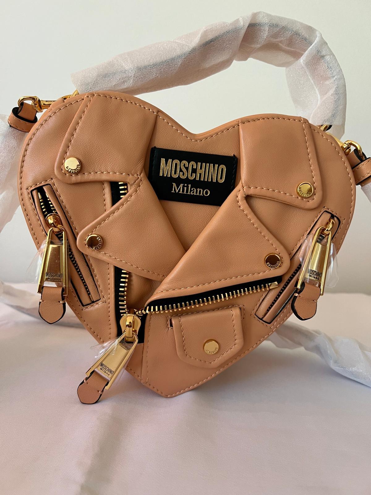 Women's SS22 MOSCHINO Couture Jeremy Scott Peach Heart Shaped Leather Biker Jacket Bag For Sale