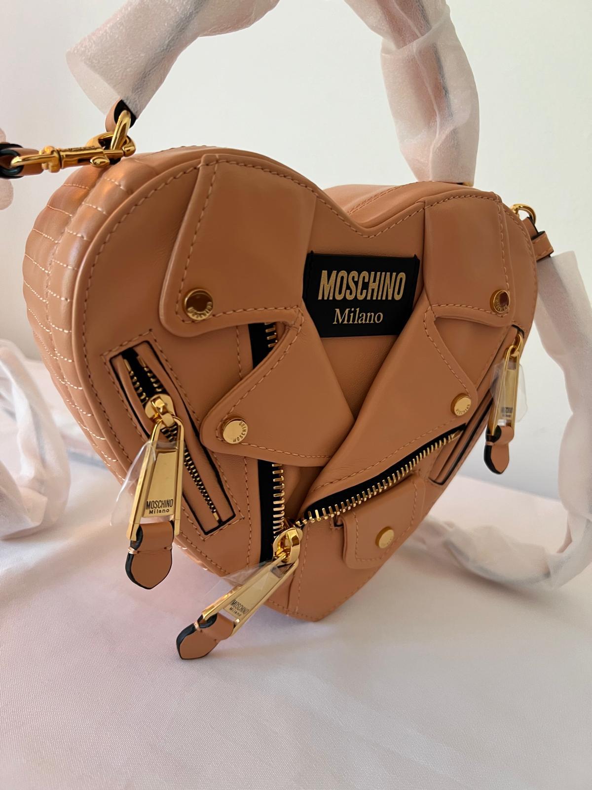 SS22 MOSCHINO Couture Jeremy Scott Peach Heart Shaped Leather Biker Jacket Bag For Sale 1