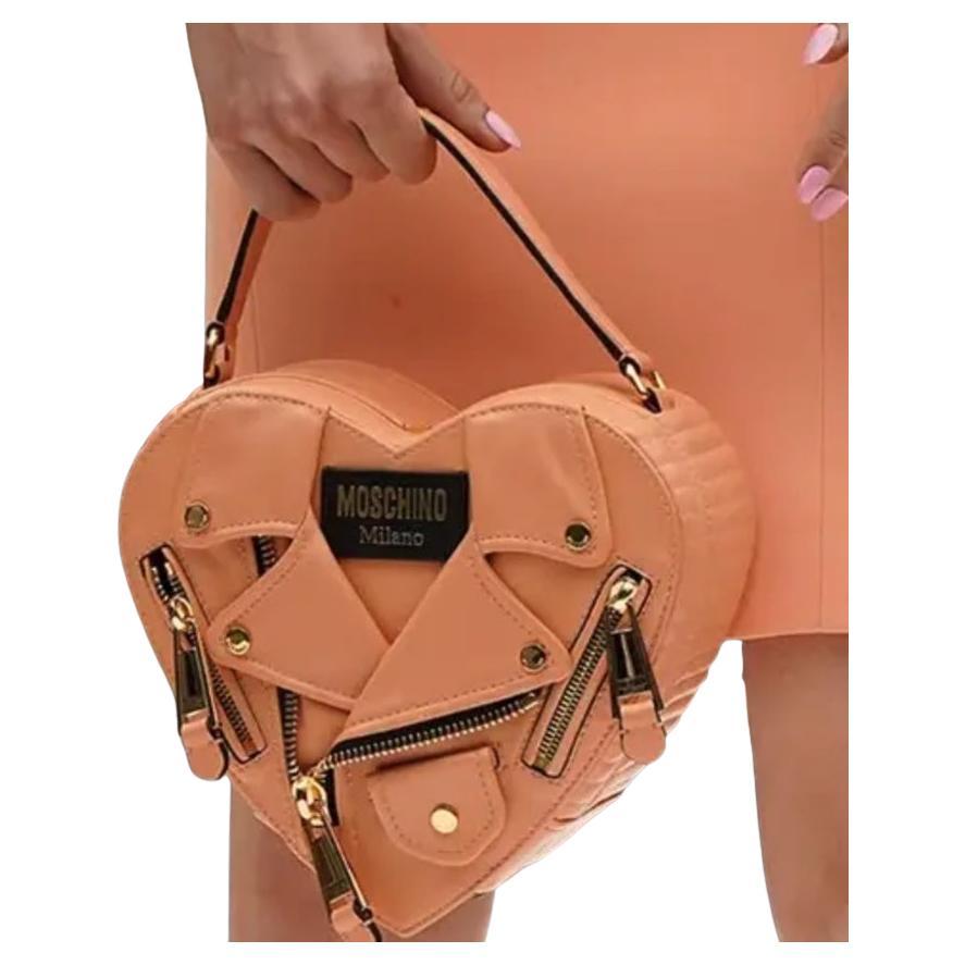 SS22 MOSCHINO Couture Jeremy Scott Peach Heart Shaped Leather Biker Jacket Bag For Sale