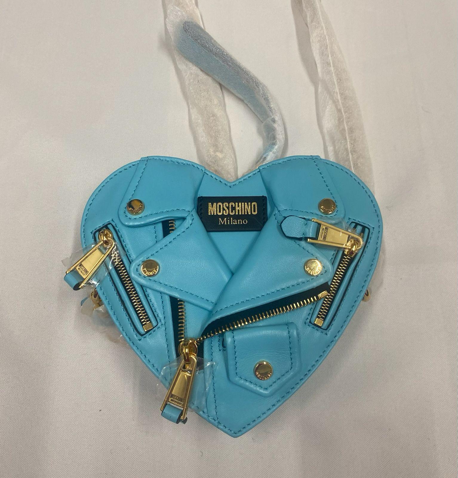De las mujeres SS22 MOSCHINO Couture Jeremy Scott Chaqueta motera de piel corazón turquesa Bolso en venta