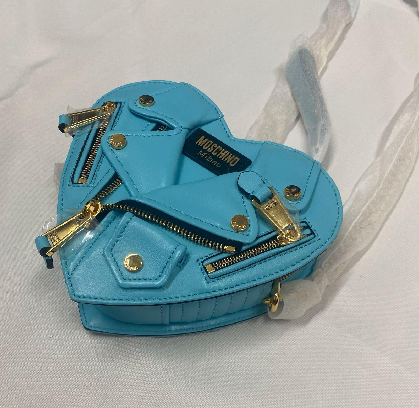 SS22 MOSCHINO Couture Jeremy Scott Chaqueta motera de piel corazón turquesa Bolso en venta 1