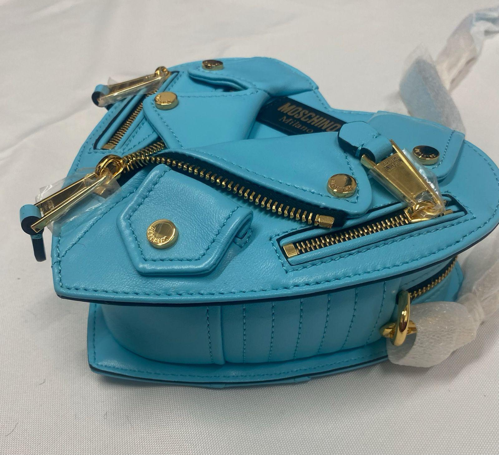 SS22 MOSCHINO Couture Jeremy Scott Chaqueta motera de piel corazón turquesa Bolso en venta 2