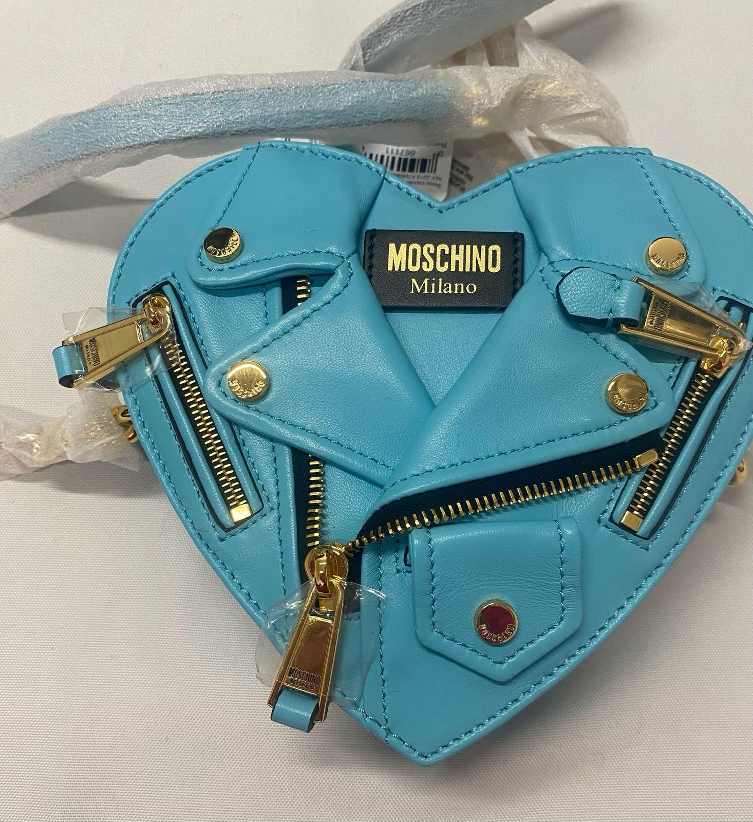 SS22 MOSCHINO Couture Jeremy Scott Chaqueta motera de piel corazón turquesa Bolso en venta 4
