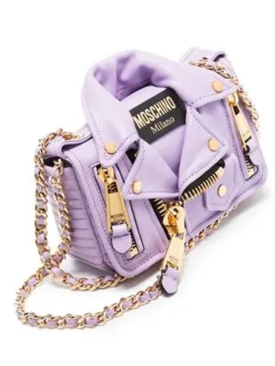 SS22 MOSCHINO Couture Jeremy Scott Violette Bikerjacke Lederumhängetasche (Grau)