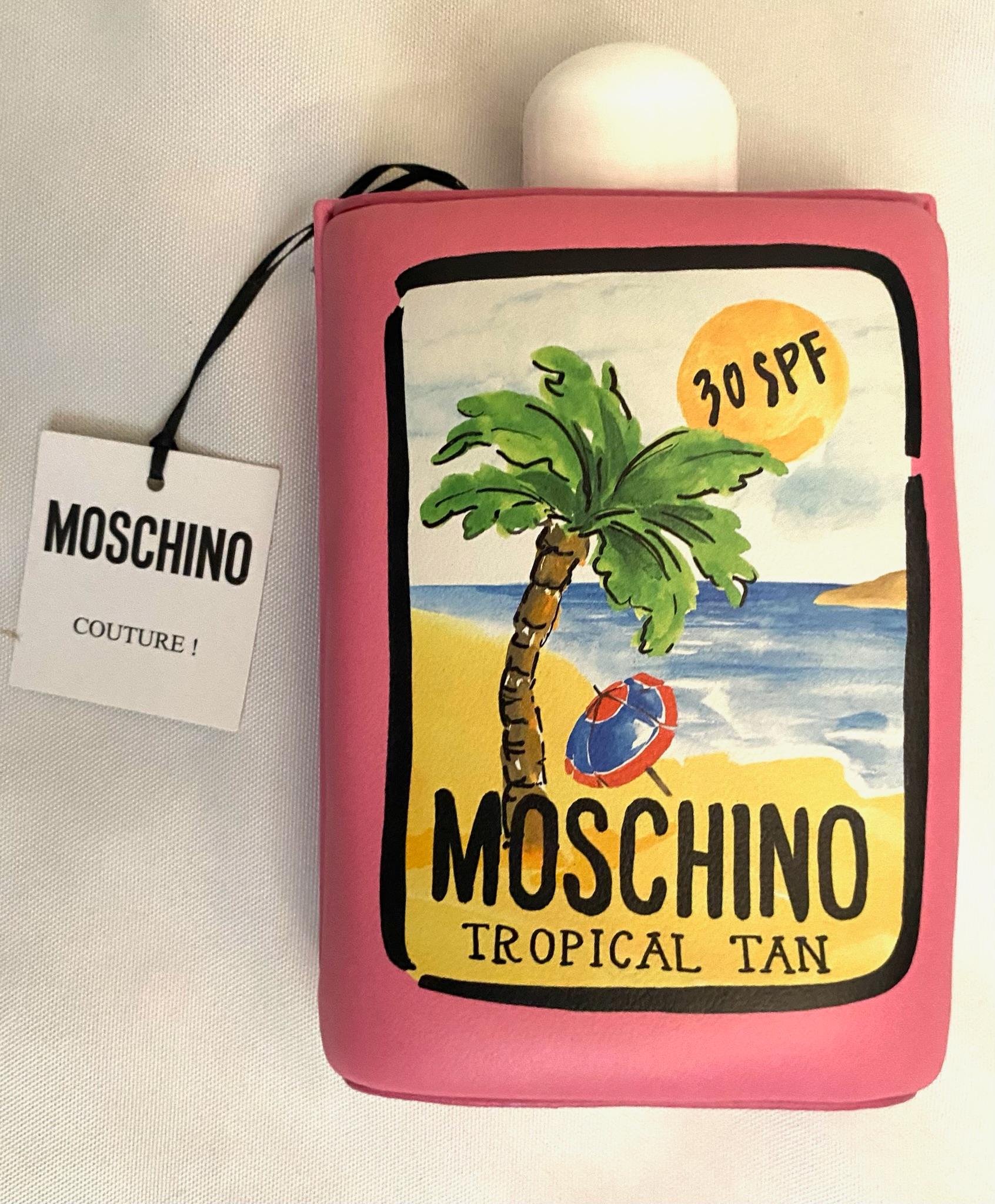 Beige SS22 MOSCHINO Tropical Tan Clutch Pink Padded Nappa Leather Sunscreen 30SPF For Sale