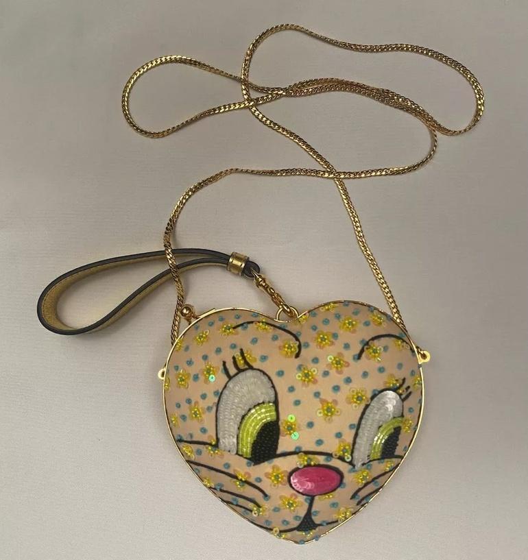 SS22 MOSCHINO Pañuelo de hombro Bolsa Cara de Gato Corazón Melocotón Cuentas Lentejuelas Beige en venta