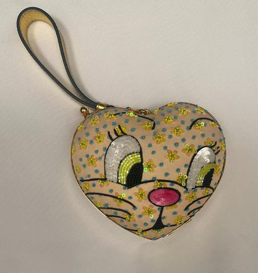 SS22 MOSCHINO Pañuelo de hombro Bolsa Cara de Gato Corazón Melocotón Cuentas Lentejuelas en venta 3