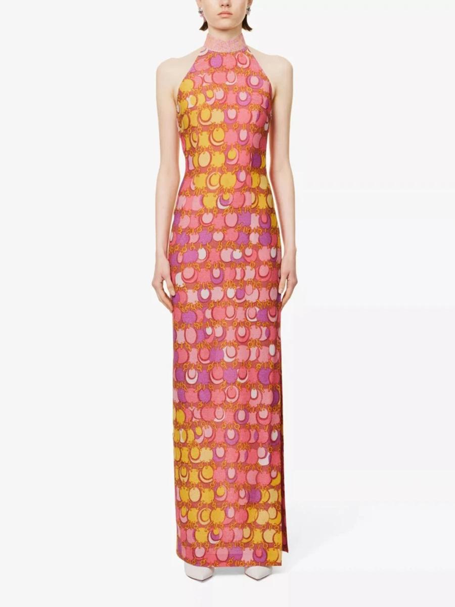Orange SS23 MOSCHINO Couture Jeremy Scott 60s Halter Chain Print Slim Fit Maxi Dress en vente