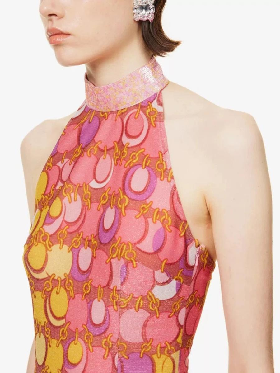 SS23 MOSCHINO Couture Jeremy Scott 60s Halter Chain Print Slim Fit Maxi Dress Pour femmes en vente