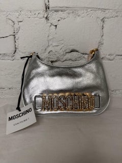 SS23 MOSCHINO Couture Jeremy Scott Silver Top Handle Bag with Gold Logo & Chain
