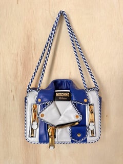 SS23 MOSCHINO Couture Jeremy Scott White Blue Capsule Biker Jacket Shoulder Bag