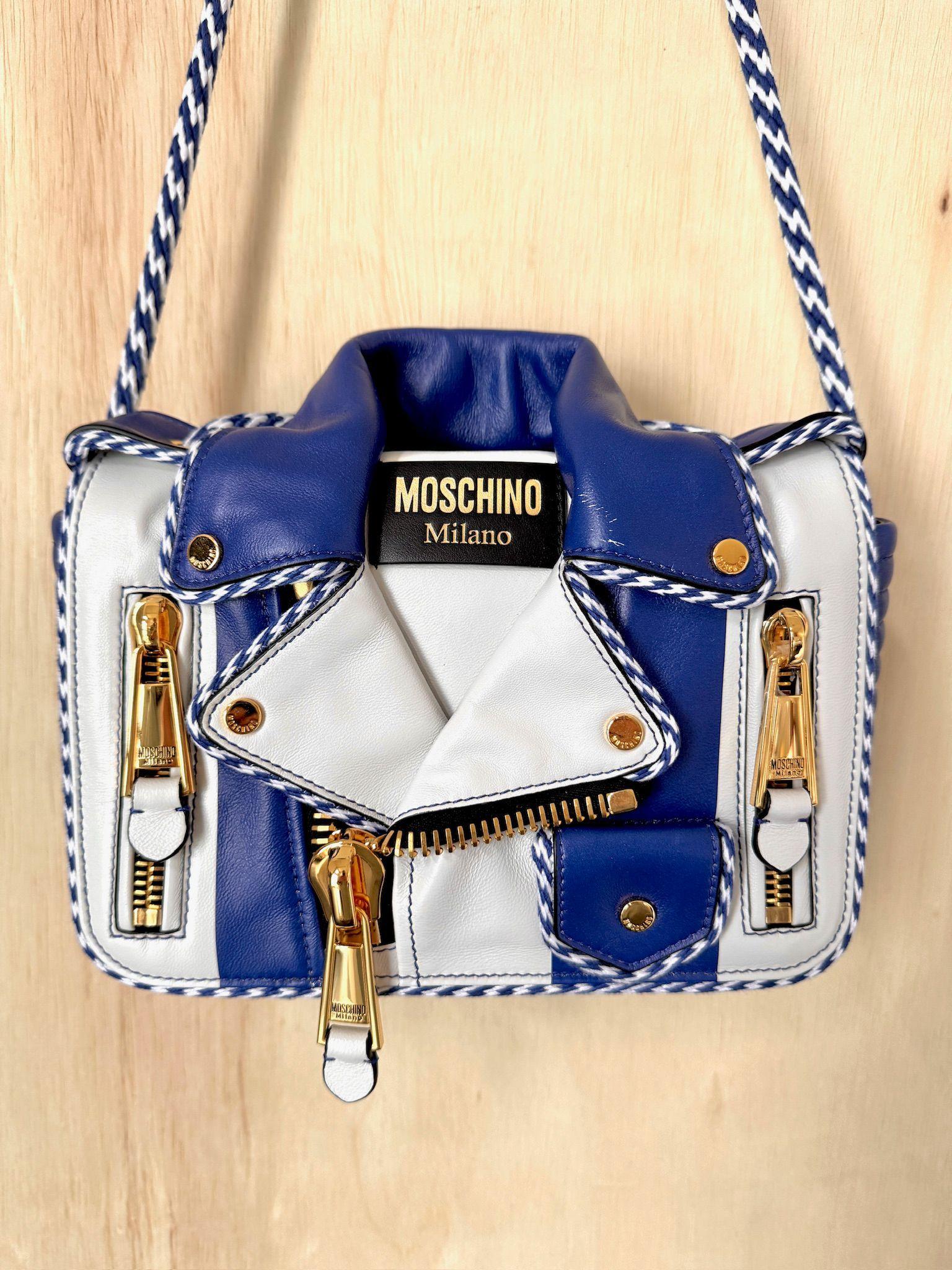 MOSCHINO Couture Jeremy Scott - Veste de motard à capsule blanche et bleue, SS23 Pour femmes en vente