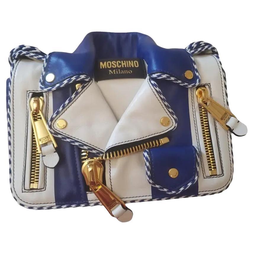 MOSCHINO Couture Jeremy Scott - Veste de motard à capsule blanche et bleue, SS23 en vente