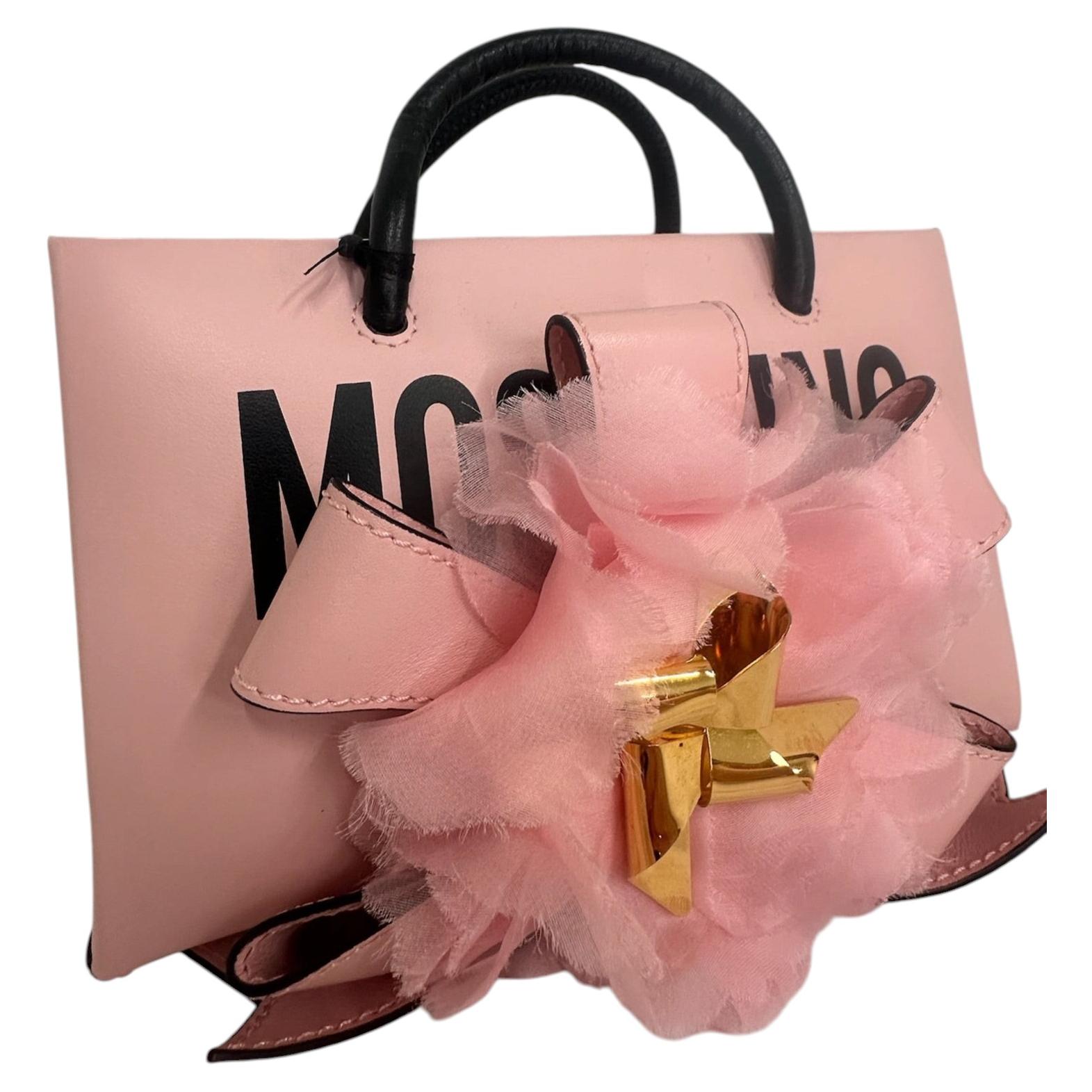 SS24 Moschino Couture 40 Pink Leather Shopper Floral Pink Ribbon Chain Crossbody