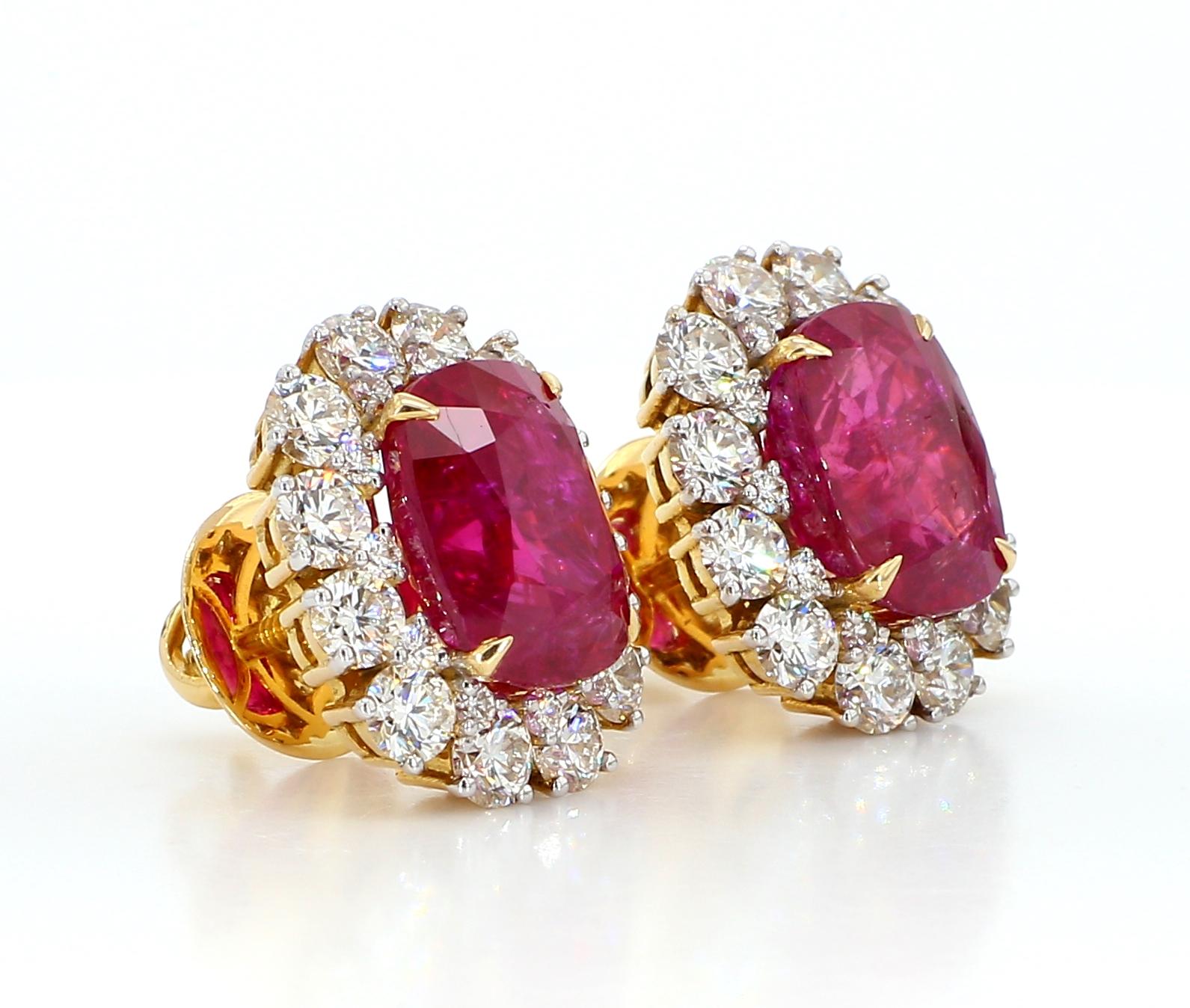 SSEF 11 Carat No Heat Natural Burmese Ruby and Diamond 18K Gold Earrings For Sale 4