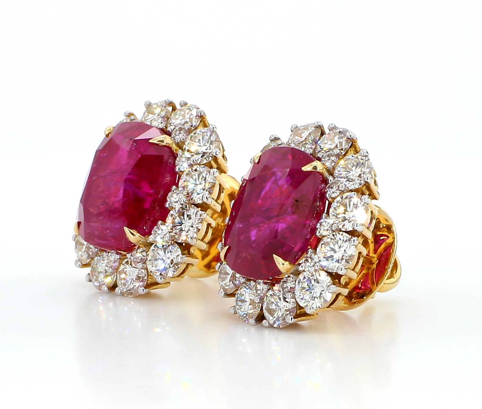 Oval Cut SSEF 11 Carat No Heat Natural Burmese Ruby and Diamond 18K Gold Earrings For Sale