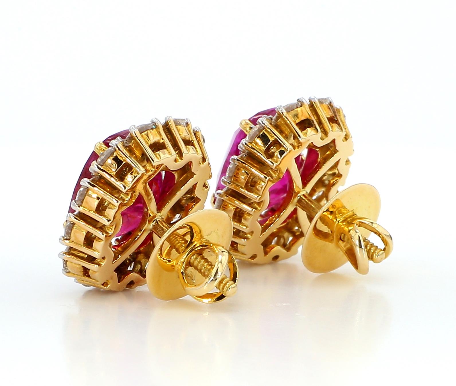 Women's or Men's SSEF 11 Carat No Heat Natural Burmese Ruby and Diamond 18K Gold Earrings For Sale
