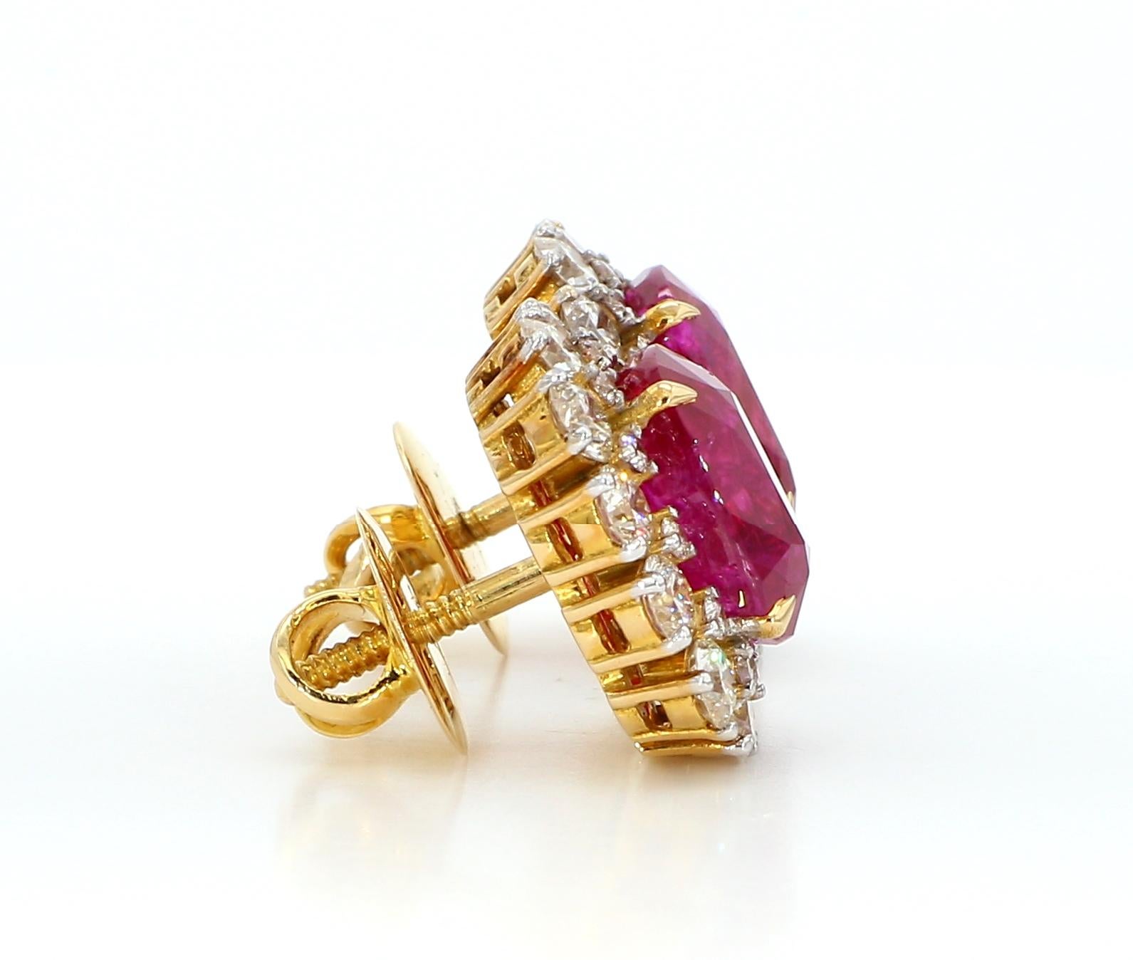 SSEF 11 Carat No Heat Natural Burmese Ruby and Diamond 18K Gold Earrings For Sale 3