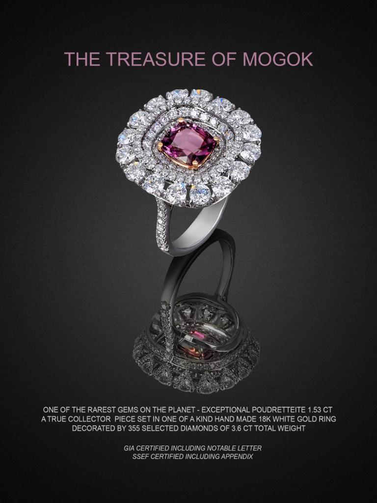 Unprecedented and absolutely unique poudretteite ring !
“The Treasure of Mogok” from Monaco important private collection. 
One of the rarest gems on the planet. Exceptional 1,53 ct poudretteite exhibiting very rare purplish pink colour and an