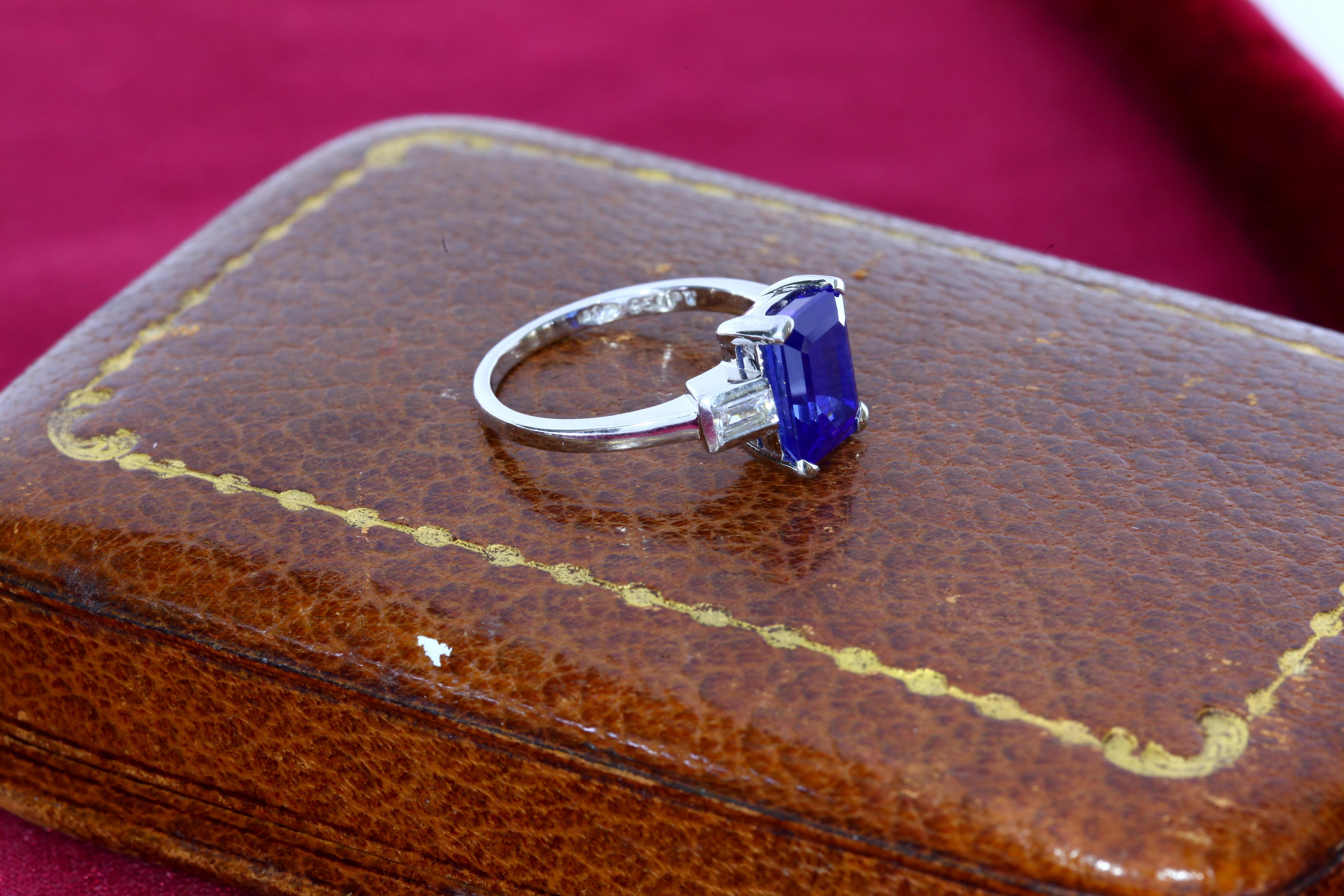 Octagon Cut SSEF and Gubelin Certified 4.16 Carat Kashmir Sapphire and Diamond Platinum Ring
