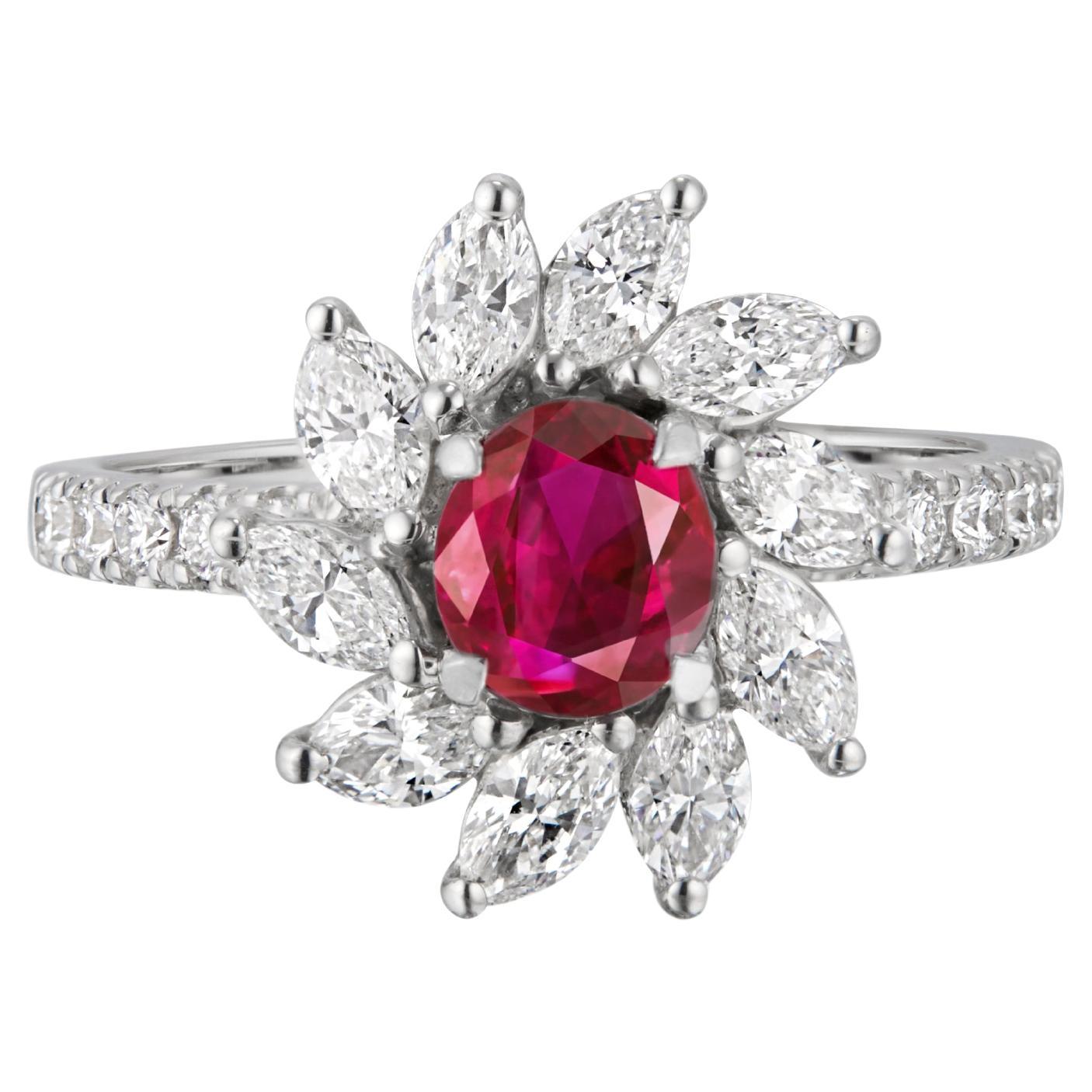Bague en diamants et rubis de Birmanie couleur sang de pigeon de 0,77 carat, certifié SSEF, sans chaleur